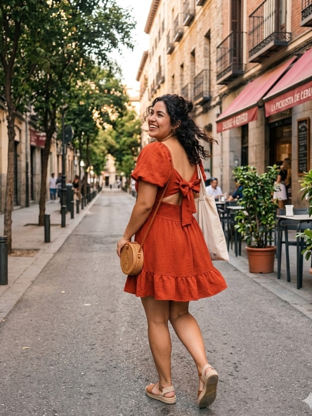 HESPERUS Smocked Rust Red Mini Dress with Ruffle Hem - Women size L